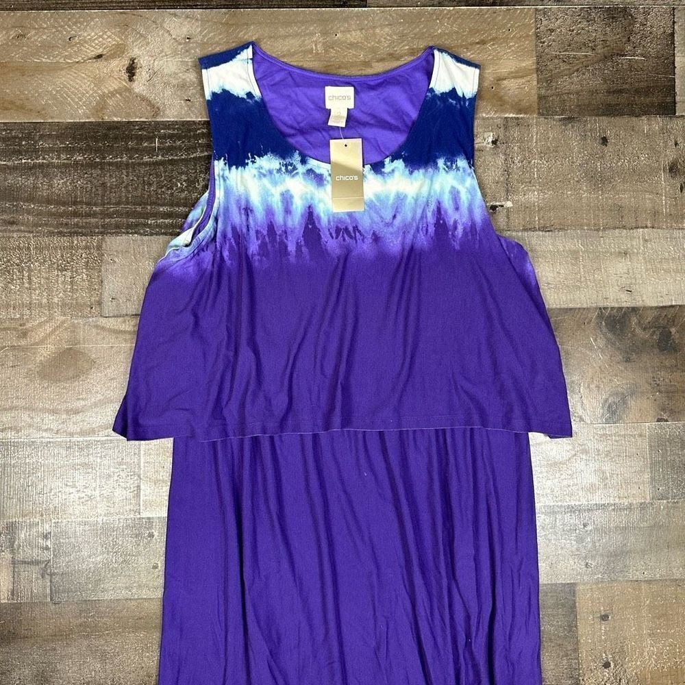 Chicos Women’s Size 2 Bib Maxi Dress Purple Multi Blended Tye Dye Stretch NWT